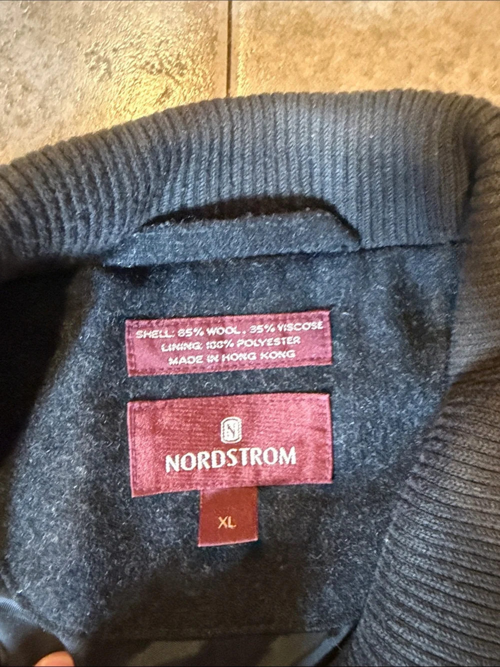 Nordstrom 65% wool Men’s Dark charcoal Gray Zip Jacket with Ribbed Collar Sz XL